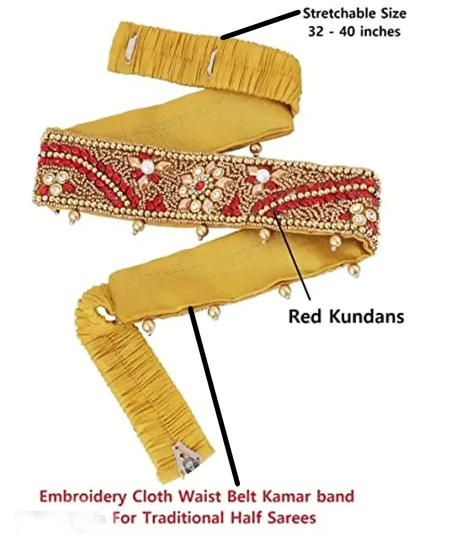 Vama's CRAFT stretchable Cloth Vaddanam kamarbandhani, waist belt,belly chain.  This is a Traditional Belt called Kamarbandh, Waist Belt or Belly Chain wore on Saree or traditional Gown or Lehenga. Traditional look with embroidered Golden Belt ( Kmarbandh ) for wedding season. Jewellery Golden Zari Embroidery Wedding Saree Waist Belt, Belly Chain, Wide Hand Embroidery.